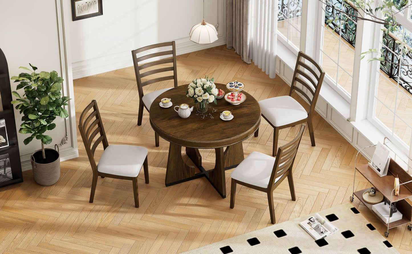 TREXM Round Dining Table for 4 with Chairs Set, Extendable Dining Table Set with 16' Removable Middle Leaf, 5 Piece Retro Dining Table Set Unique Geometric Design for Kitchen, Dining Room (Walnut) - 1st Choice Furniture Direct