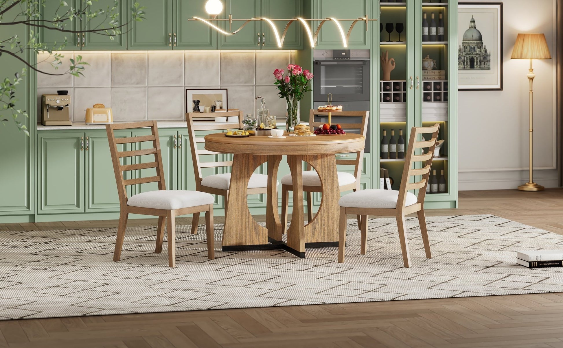 TREXM Round Dining Table for 4 with Chairs Set, Extendable Dining Table Set with 16' Removable Middle Leaf, 5 Piece Retro Dining Table Set Unique Geometric Design for Kitchen, Dining Room (Natural) - 1st Choice Furniture Direct