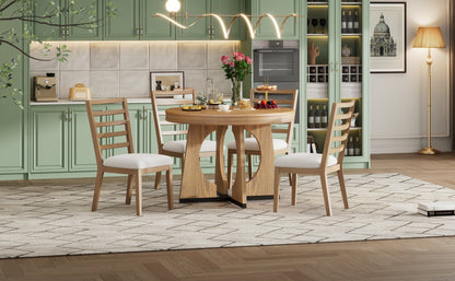 TREXM Round Dining Table for 4 with Chairs Set, Extendable Dining Table Set with 16' Removable Middle Leaf, 5 Piece Retro Dining Table Set Unique Geometric Design for Kitchen, Dining Room (Natural) - 1st Choice Furniture Direct