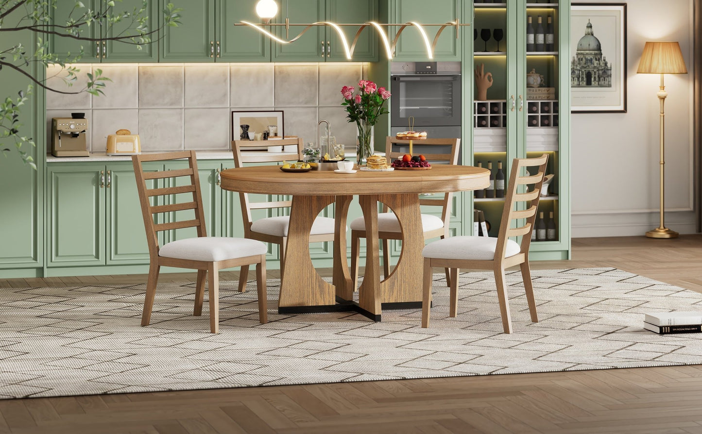 TREXM Round Dining Table for 4 with Chairs Set, Extendable Dining Table Set with 16' Removable Middle Leaf, 5 Piece Retro Dining Table Set Unique Geometric Design for Kitchen, Dining Room (Natural) - 1st Choice Furniture Direct