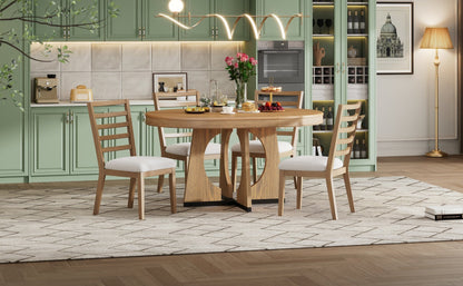 TREXM Round Dining Table for 4 with Chairs Set, Extendable Dining Table Set with 16' Removable Middle Leaf, 5 Piece Retro Dining Table Set Unique Geometric Design for Kitchen, Dining Room (Natural) - 1st Choice Furniture Direct