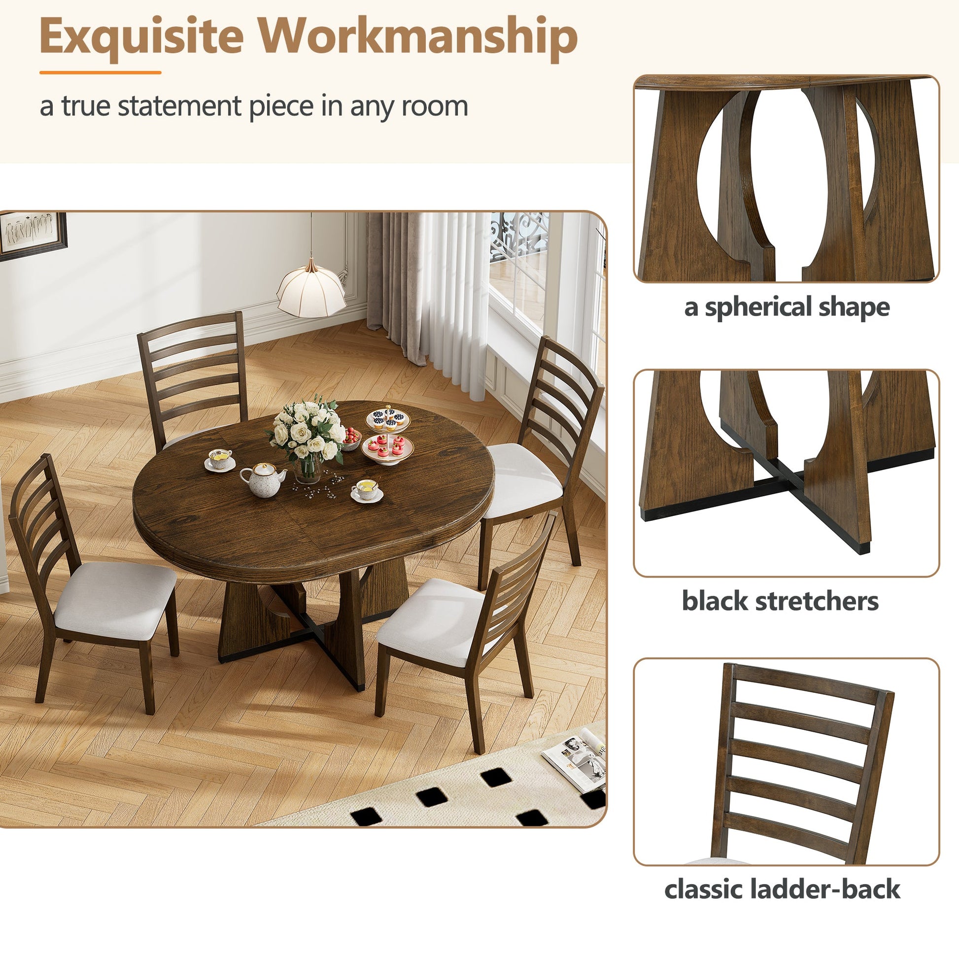 TREXM Round Dining Table for 4 with Chairs Set, Extendable Dining Table Set with 16' Removable Middle Leaf, 5 Piece Retro Dining Table Set Unique Geometric Design for Kitchen, Dining Room (Walnut) - 1st Choice Furniture Direct