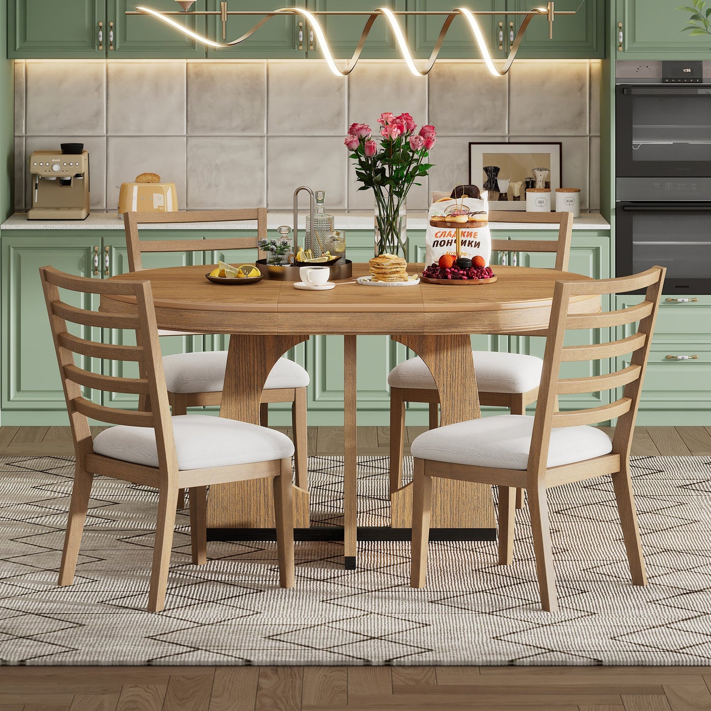 TREXM Round Dining Table for 4 with Chairs Set, Extendable Dining Table Set with 16' Removable Middle Leaf, 5 Piece Retro Dining Table Set Unique Geometric Design for Kitchen, Dining Room (Natural) - 1st Choice Furniture Direct