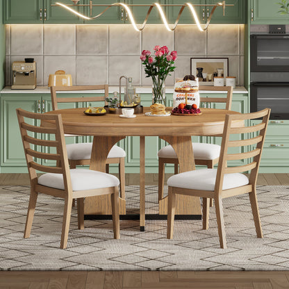 TREXM Round Dining Table for 4 with Chairs Set, Extendable Dining Table Set with 16' Removable Middle Leaf, 5 Piece Retro Dining Table Set Unique Geometric Design for Kitchen, Dining Room (Natural) - 1st Choice Furniture Direct