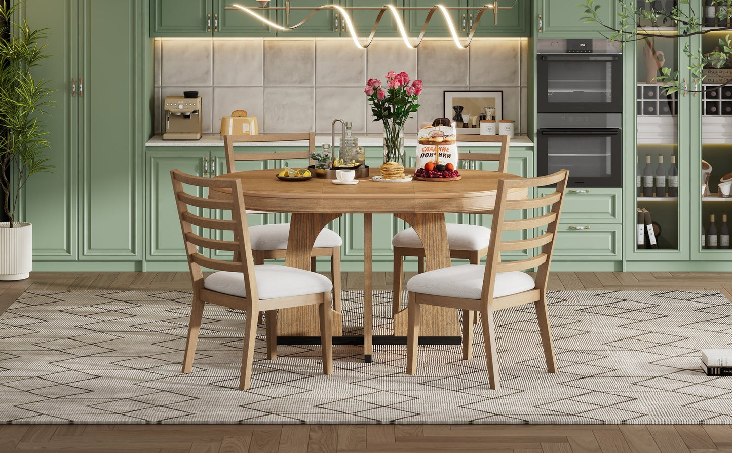 TREXM Round Dining Table for 4 with Chairs Set, Extendable Dining Table Set with 16' Removable Middle Leaf, 5 Piece Retro Dining Table Set Unique Geometric Design for Kitchen, Dining Room (Natural) - 1st Choice Furniture Direct