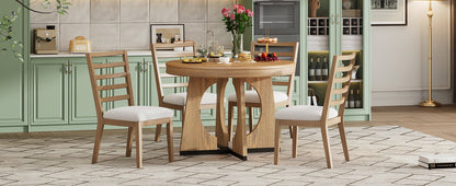 TREXM Round Dining Table for 4 with Chairs Set, Extendable Dining Table Set with 16' Removable Middle Leaf, 5 Piece Retro Dining Table Set Unique Geometric Design for Kitchen, Dining Room (Natural) - 1st Choice Furniture Direct