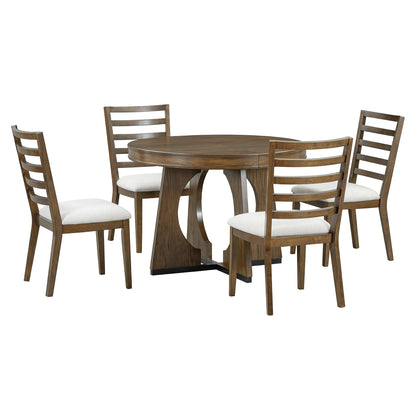 TREXM Round Dining Table for 4 with Chairs Set, Extendable Dining Table Set with 16' Removable Middle Leaf, 5 Piece Retro Dining Table Set Unique Geometric Design for Kitchen, Dining Room (Walnut) - 1st Choice Furniture Direct