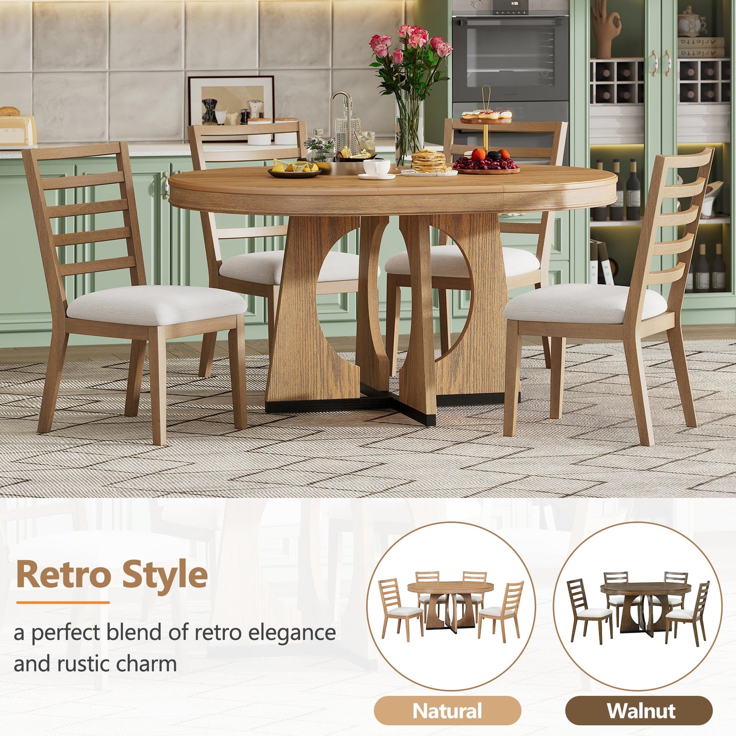 TREXM Round Dining Table for 4 with Chairs Set, Extendable Dining Table Set with 16' Removable Middle Leaf, 5 Piece Retro Dining Table Set Unique Geometric Design for Kitchen, Dining Room (Natural) - 1st Choice Furniture Direct
