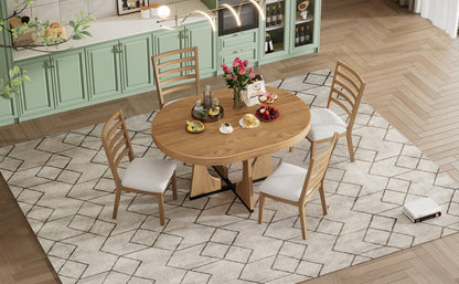 TREXM Round Dining Table for 4 with Chairs Set, Extendable Dining Table Set with 16' Removable Middle Leaf, 5 Piece Retro Dining Table Set Unique Geometric Design for Kitchen, Dining Room (Natural) - 1st Choice Furniture Direct