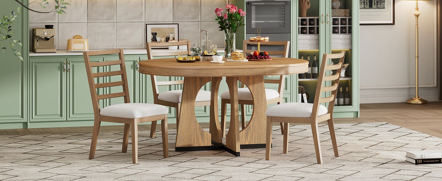 TREXM Round Dining Table for 4 with Chairs Set, Extendable Dining Table Set with 16' Removable Middle Leaf, 5 Piece Retro Dining Table Set Unique Geometric Design for Kitchen, Dining Room (Natural) - 1st Choice Furniture Direct