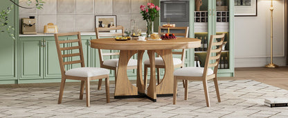 TREXM Round Dining Table for 4 with Chairs Set, Extendable Dining Table Set with 16' Removable Middle Leaf, 5 Piece Retro Dining Table Set Unique Geometric Design for Kitchen, Dining Room (Natural) - 1st Choice Furniture Direct