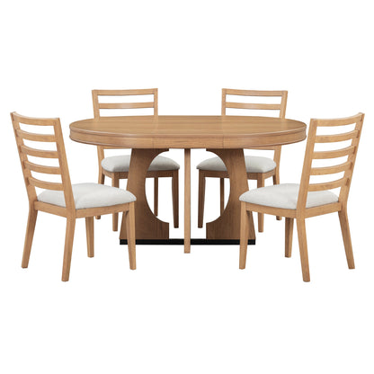 TREXM Round Dining Table for 4 with Chairs Set, Extendable Dining Table Set with 16' Removable Middle Leaf, 5 Piece Retro Dining Table Set Unique Geometric Design for Kitchen, Dining Room (Natural) - 1st Choice Furniture Direct