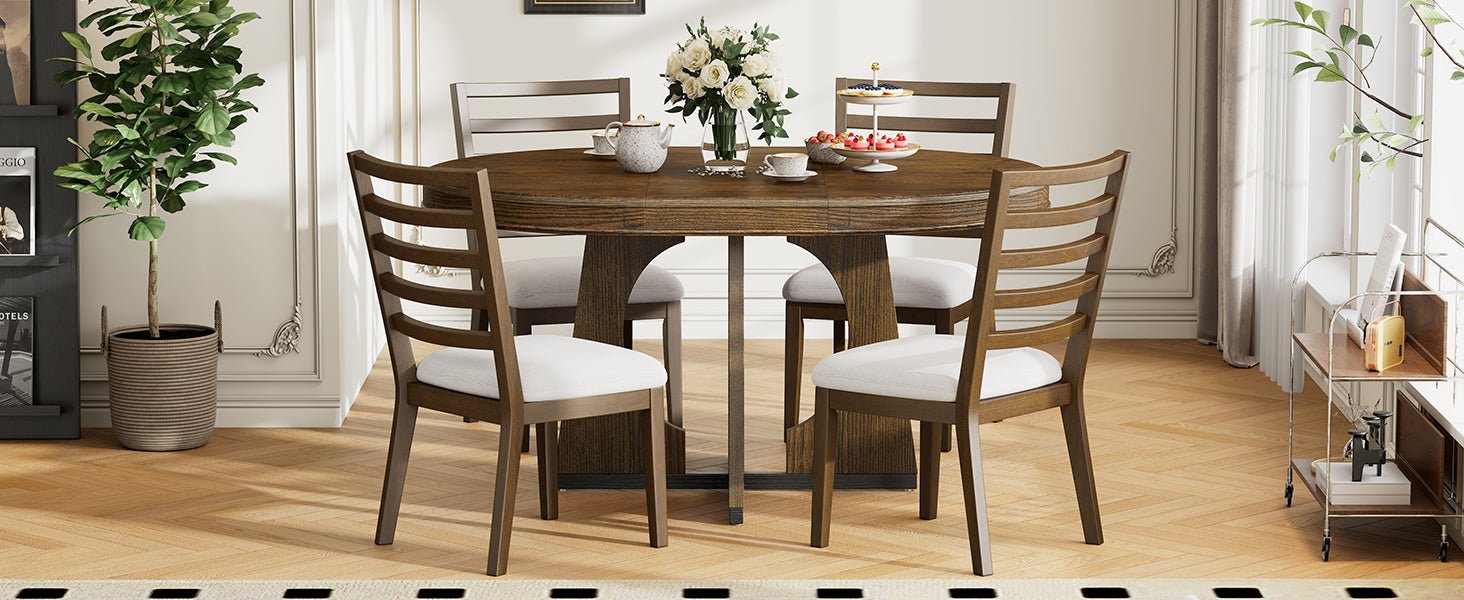 TREXM Round Dining Table for 4 with Chairs Set, Extendable Dining Table Set with 16' Removable Middle Leaf, 5 Piece Retro Dining Table Set Unique Geometric Design for Kitchen, Dining Room (Walnut) - 1st Choice Furniture Direct