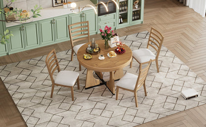TREXM Round Dining Table for 4 with Chairs Set, Extendable Dining Table Set with 16' Removable Middle Leaf, 5 Piece Retro Dining Table Set Unique Geometric Design for Kitchen, Dining Room (Natural) - 1st Choice Furniture Direct