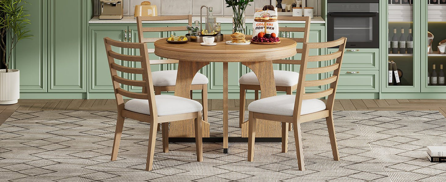 TREXM Round Dining Table for 4 with Chairs Set, Extendable Dining Table Set with 16' Removable Middle Leaf, 5 Piece Retro Dining Table Set Unique Geometric Design for Kitchen, Dining Room (Natural) - 1st Choice Furniture Direct