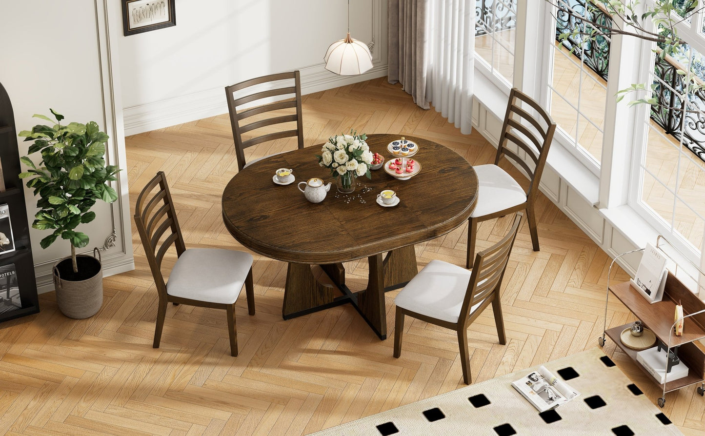 TREXM Round Dining Table for 4 with Chairs Set, Extendable Dining Table Set with 16' Removable Middle Leaf, 5 Piece Retro Dining Table Set Unique Geometric Design for Kitchen, Dining Room (Walnut) - 1st Choice Furniture Direct