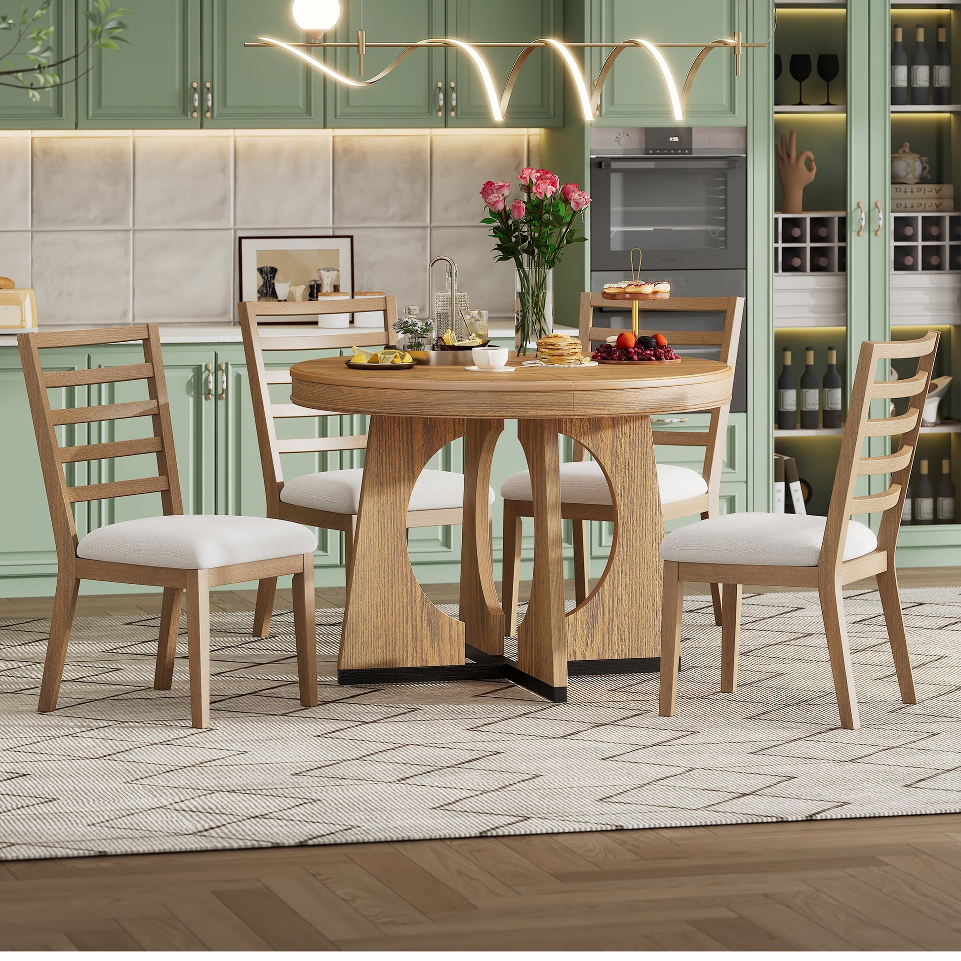 TREXM Round Dining Table for 4 with Chairs Set, Extendable Dining Table Set with 16' Removable Middle Leaf, 5 Piece Retro Dining Table Set Unique Geometric Design for Kitchen, Dining Room (Natural) - 1st Choice Furniture Direct