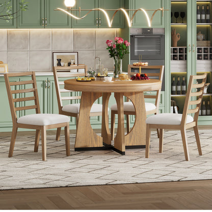 TREXM Round Dining Table for 4 with Chairs Set, Extendable Dining Table Set with 16' Removable Middle Leaf, 5 Piece Retro Dining Table Set Unique Geometric Design for Kitchen, Dining Room (Natural) - 1st Choice Furniture Direct
