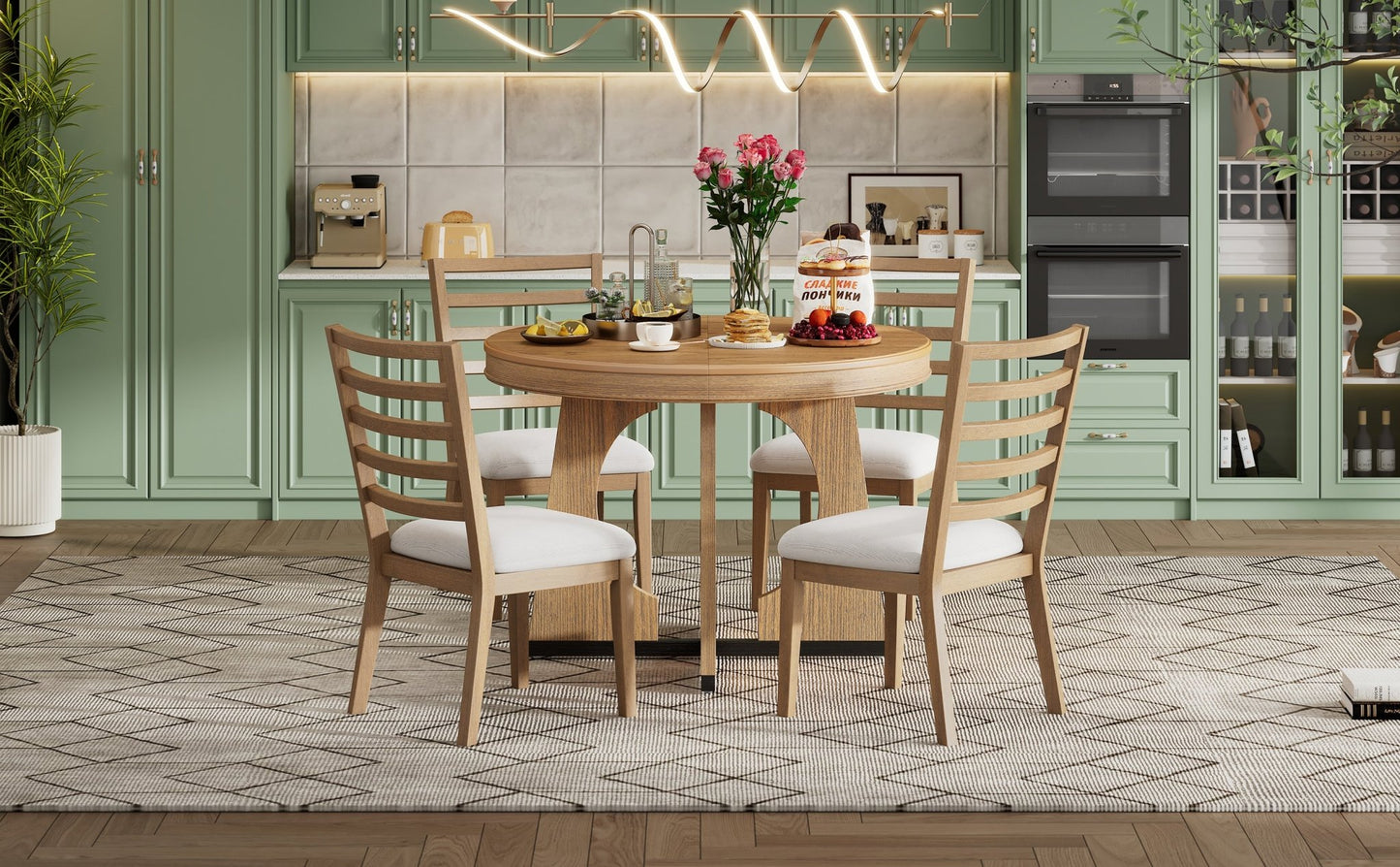 TREXM Round Dining Table for 4 with Chairs Set, Extendable Dining Table Set with 16' Removable Middle Leaf, 5 Piece Retro Dining Table Set Unique Geometric Design for Kitchen, Dining Room (Natural) - 1st Choice Furniture Direct