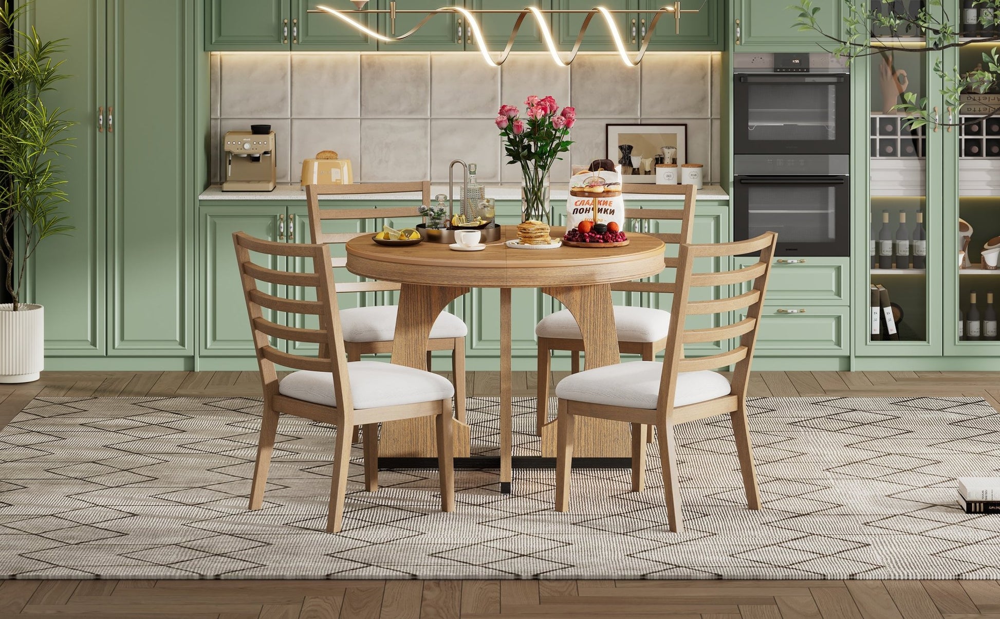 TREXM Round Dining Table for 4 with Chairs Set, Extendable Dining Table Set with 16' Removable Middle Leaf, 5 Piece Retro Dining Table Set Unique Geometric Design for Kitchen, Dining Room (Natural) - 1st Choice Furniture Direct