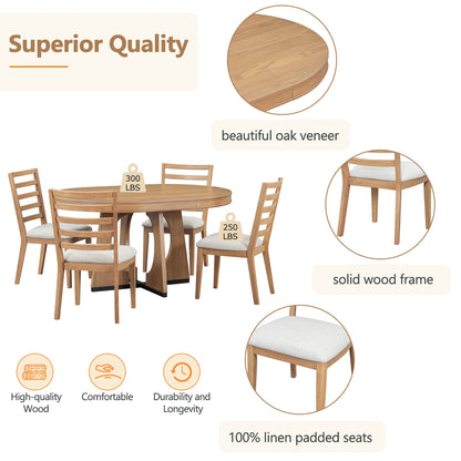 TREXM Round Dining Table for 4 with Chairs Set, Extendable Dining Table Set with 16' Removable Middle Leaf, 5 Piece Retro Dining Table Set Unique Geometric Design for Kitchen, Dining Room (Natural) - 1st Choice Furniture Direct