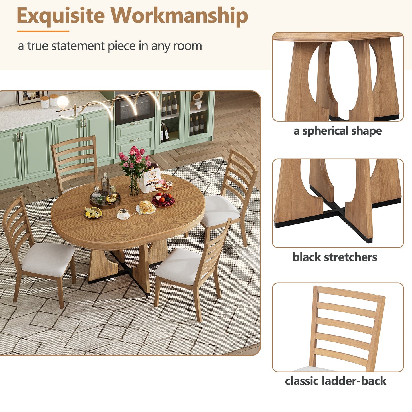 TREXM Round Dining Table for 4 with Chairs Set, Extendable Dining Table Set with 16' Removable Middle Leaf, 5 Piece Retro Dining Table Set Unique Geometric Design for Kitchen, Dining Room (Natural) - 1st Choice Furniture Direct