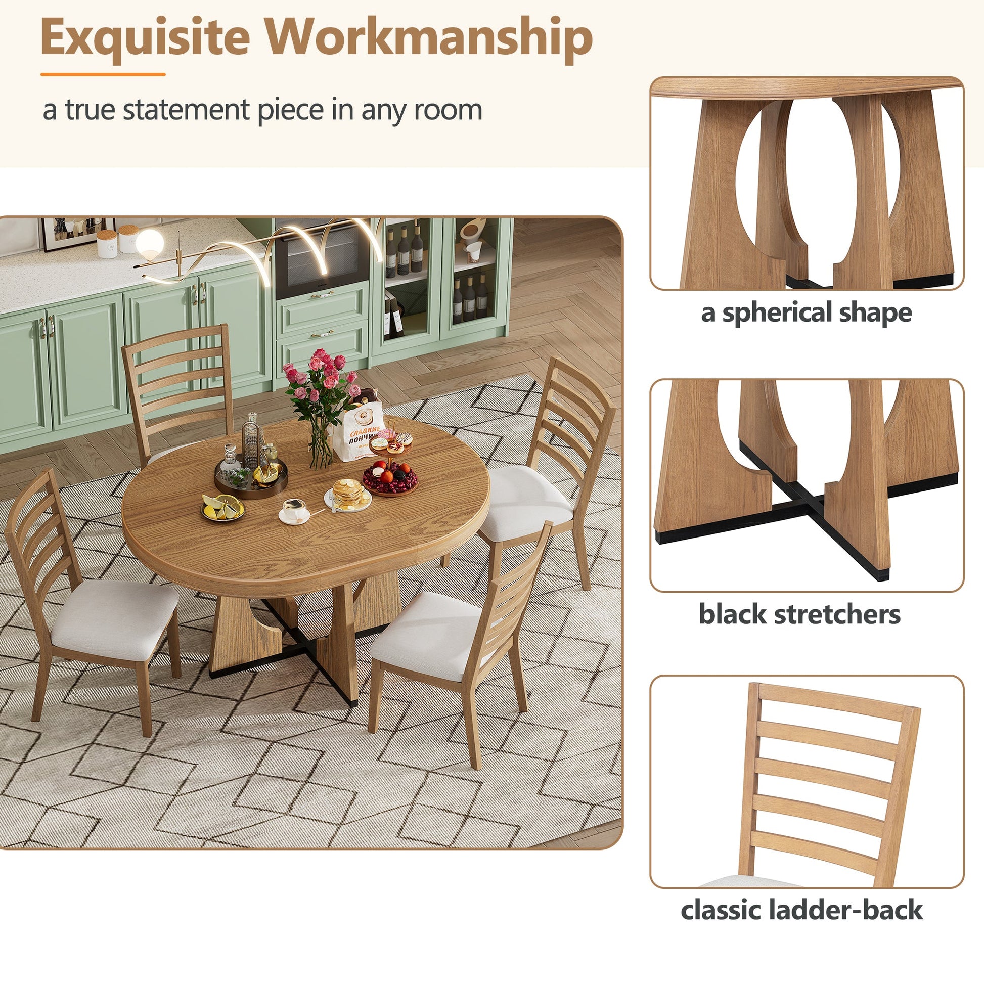 TREXM Round Dining Table for 4 with Chairs Set, Extendable Dining Table Set with 16' Removable Middle Leaf, 5 Piece Retro Dining Table Set Unique Geometric Design for Kitchen, Dining Room (Natural) - 1st Choice Furniture Direct