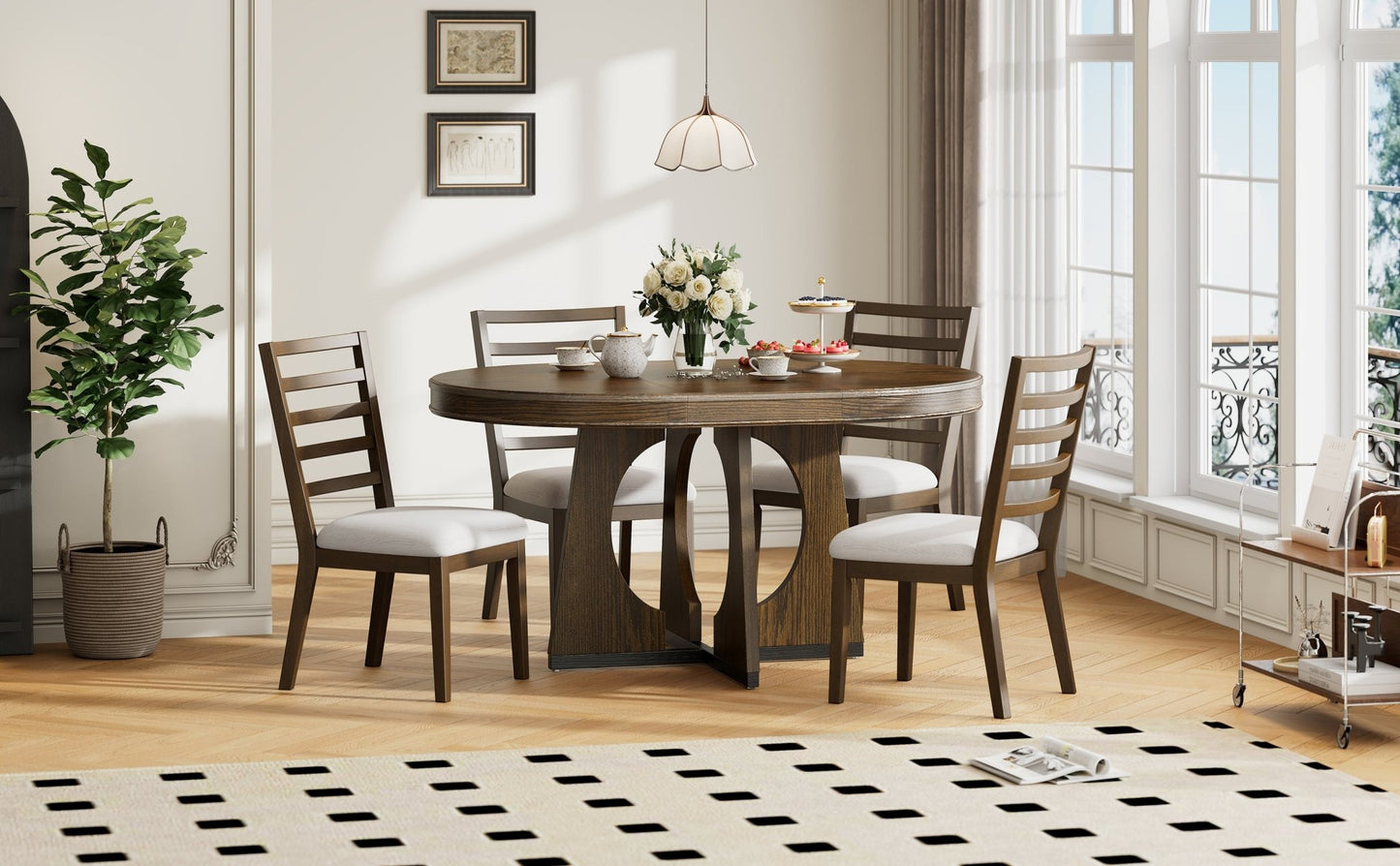 TREXM Round Dining Table for 4 with Chairs Set, Extendable Dining Table Set with 16' Removable Middle Leaf, 5 Piece Retro Dining Table Set Unique Geometric Design for Kitchen, Dining Room (Walnut) - 1st Choice Furniture Direct