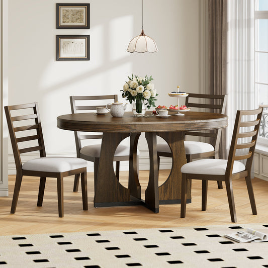 TREXM Round Dining Table for 4 with Chairs Set, Extendable Dining Table Set with 16' Removable Middle Leaf, 5 Piece Retro Dining Table Set Unique Geometric Design for Kitchen, Dining Room (Walnut) - 1st Choice Furniture Direct