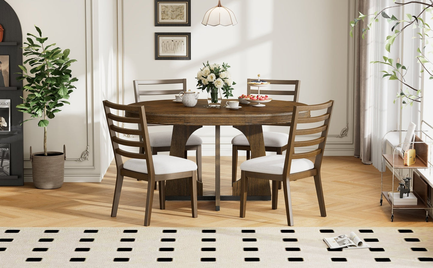 TREXM Round Dining Table for 4 with Chairs Set, Extendable Dining Table Set with 16' Removable Middle Leaf, 5 Piece Retro Dining Table Set Unique Geometric Design for Kitchen, Dining Room (Walnut) - 1st Choice Furniture Direct