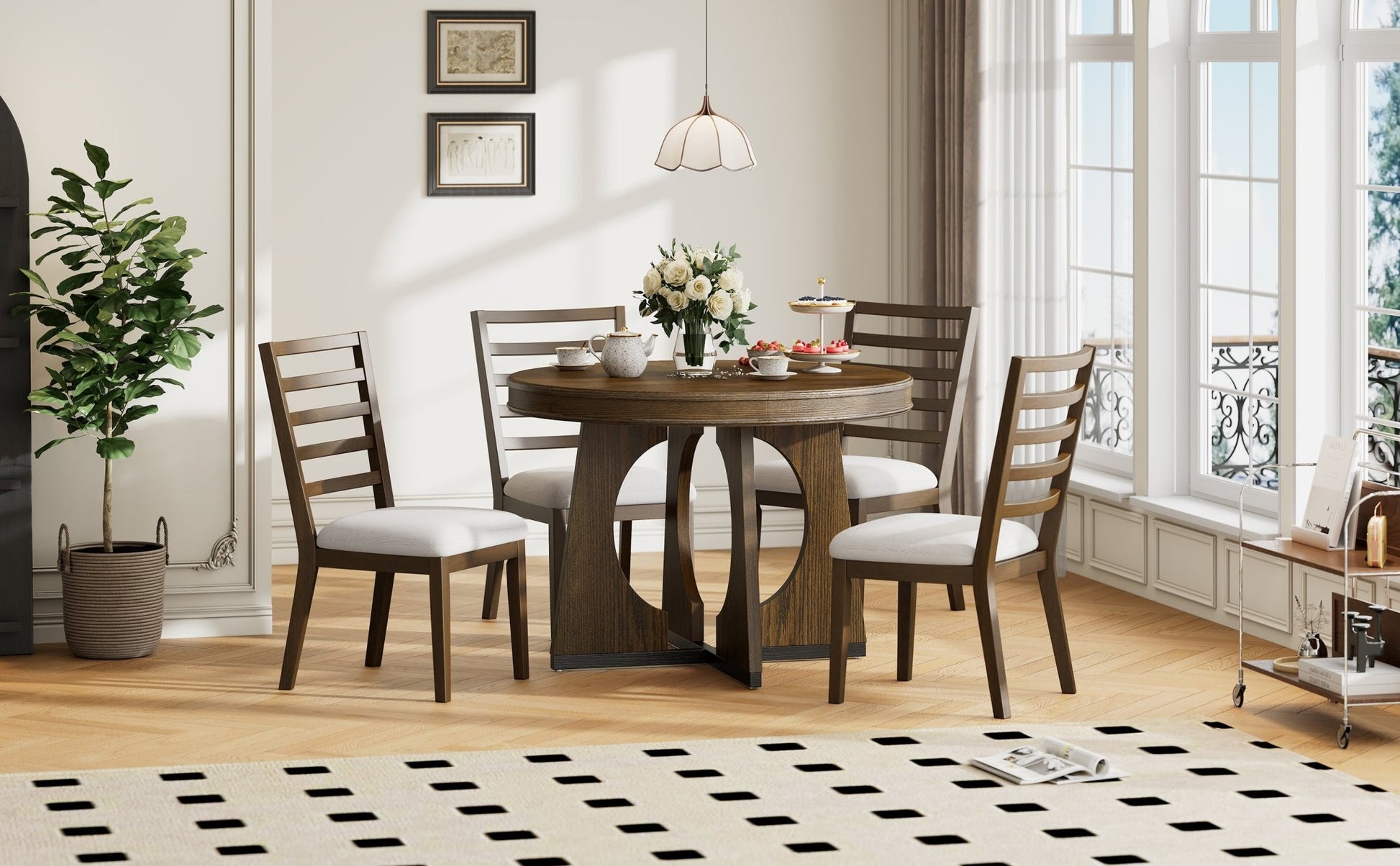 TREXM Round Dining Table for 4 with Chairs Set, Extendable Dining Table Set with 16' Removable Middle Leaf, 5 Piece Retro Dining Table Set Unique Geometric Design for Kitchen, Dining Room (Walnut) - 1st Choice Furniture Direct