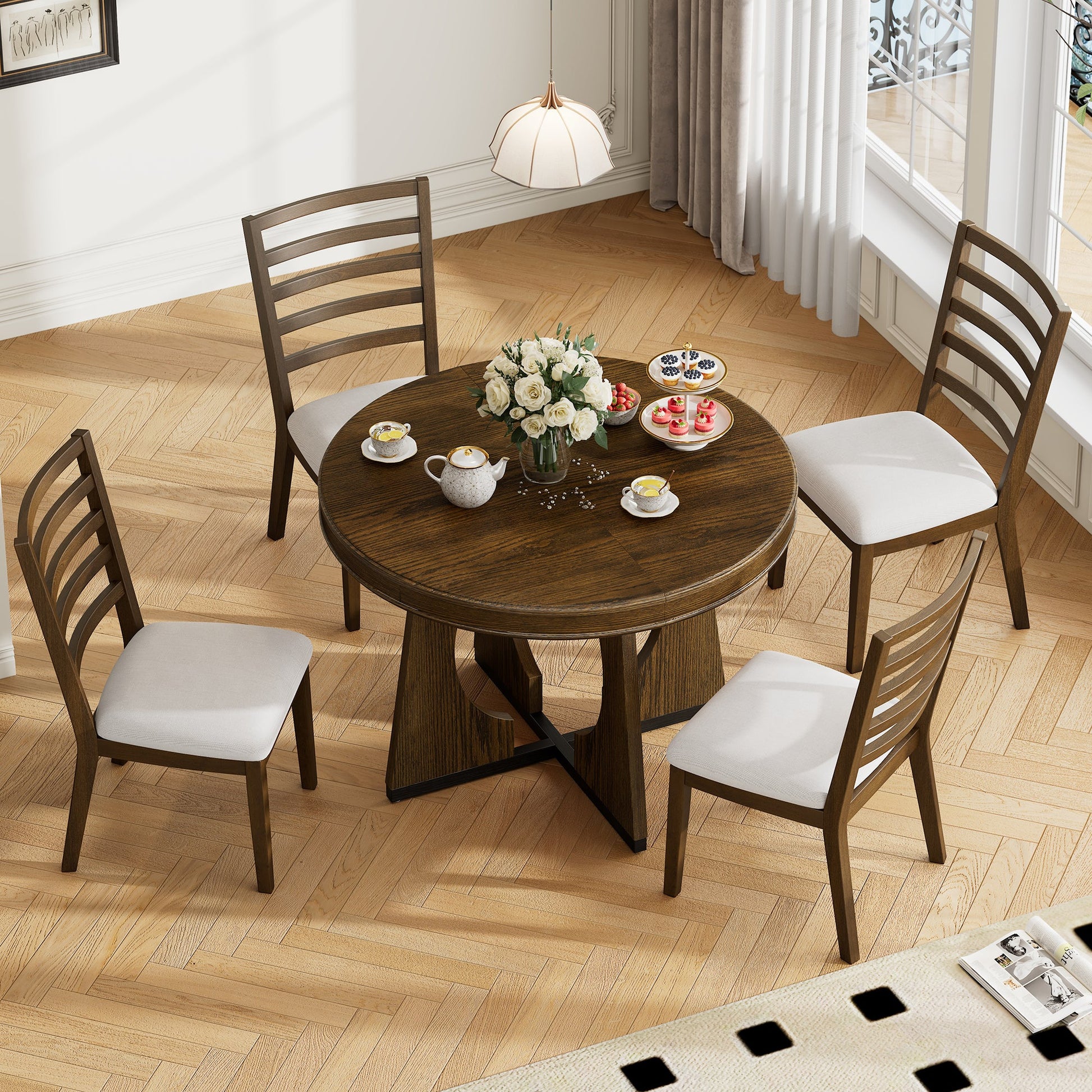 TREXM Round Dining Table for 4 with Chairs Set, Extendable Dining Table Set with 16' Removable Middle Leaf, 5 Piece Retro Dining Table Set Unique Geometric Design for Kitchen, Dining Room (Walnut) - 1st Choice Furniture Direct