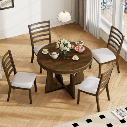 TREXM Round Dining Table for 4 with Chairs Set, Extendable Dining Table Set with 16' Removable Middle Leaf, 5 Piece Retro Dining Table Set Unique Geometric Design for Kitchen, Dining Room (Walnut) - 1st Choice Furniture Direct