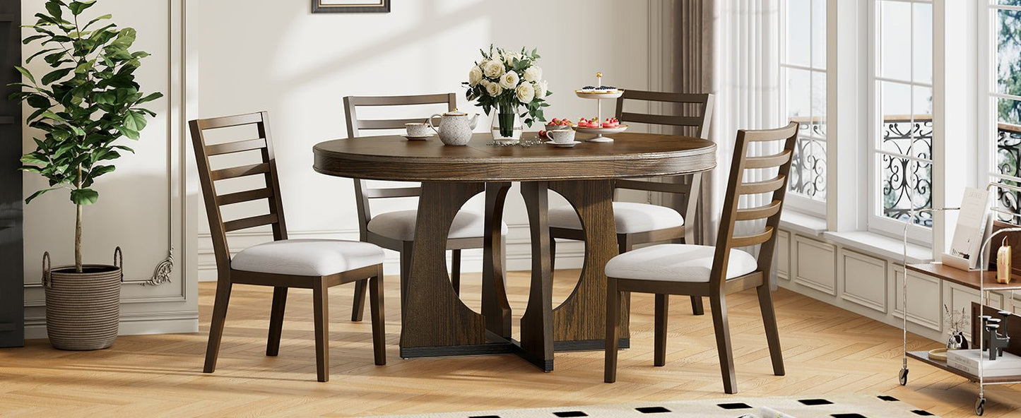 TREXM Round Dining Table for 4 with Chairs Set, Extendable Dining Table Set with 16' Removable Middle Leaf, 5 Piece Retro Dining Table Set Unique Geometric Design for Kitchen, Dining Room (Walnut) - 1st Choice Furniture Direct