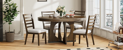 TREXM Round Dining Table for 4 with Chairs Set, Extendable Dining Table Set with 16' Removable Middle Leaf, 5 Piece Retro Dining Table Set Unique Geometric Design for Kitchen, Dining Room (Walnut) - 1st Choice Furniture Direct