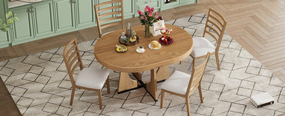 TREXM Round Dining Table for 4 with Chairs Set, Extendable Dining Table Set with 16' Removable Middle Leaf, 5 Piece Retro Dining Table Set Unique Geometric Design for Kitchen, Dining Room (Natural) - 1st Choice Furniture Direct