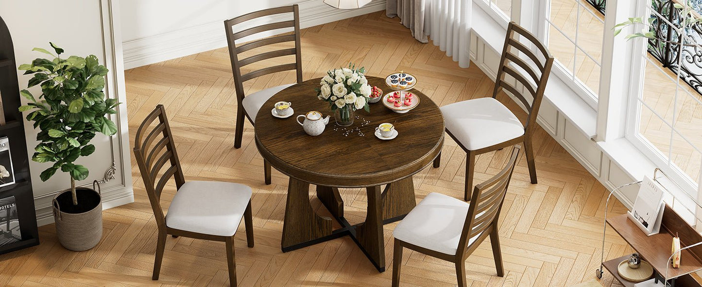 TREXM Round Dining Table for 4 with Chairs Set, Extendable Dining Table Set with 16' Removable Middle Leaf, 5 Piece Retro Dining Table Set Unique Geometric Design for Kitchen, Dining Room (Walnut) - 1st Choice Furniture Direct