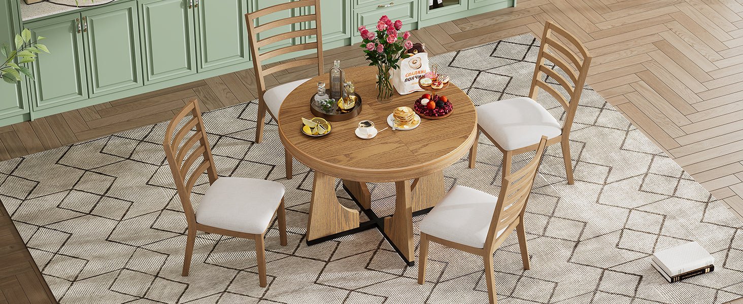 TREXM Round Dining Table for 4 with Chairs Set, Extendable Dining Table Set with 16' Removable Middle Leaf, 5 Piece Retro Dining Table Set Unique Geometric Design for Kitchen, Dining Room (Natural) - 1st Choice Furniture Direct