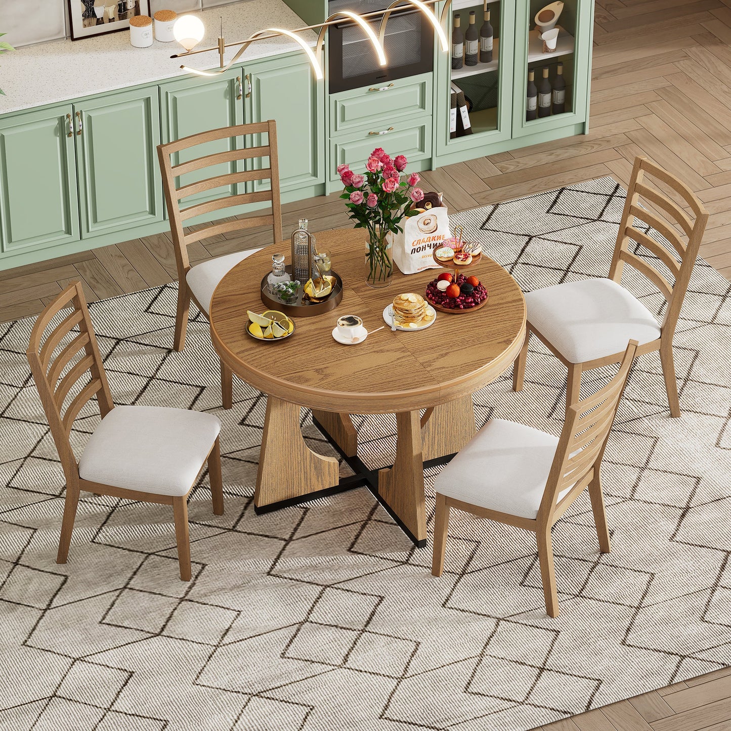 TREXM Round Dining Table for 4 with Chairs Set, Extendable Dining Table Set with 16' Removable Middle Leaf, 5 Piece Retro Dining Table Set Unique Geometric Design for Kitchen, Dining Room (Natural) - 1st Choice Furniture Direct