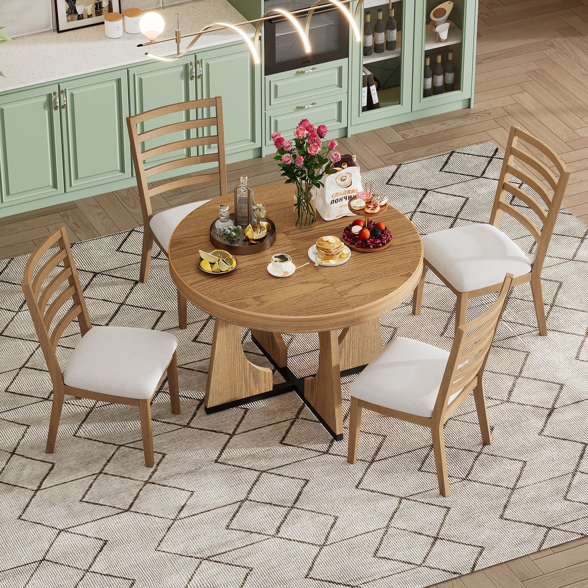 TREXM Round Dining Table for 4 with Chairs Set, Extendable Dining Table Set with 16' Removable Middle Leaf, 5 Piece Retro Dining Table Set Unique Geometric Design for Kitchen, Dining Room (Natural) - 1st Choice Furniture Direct