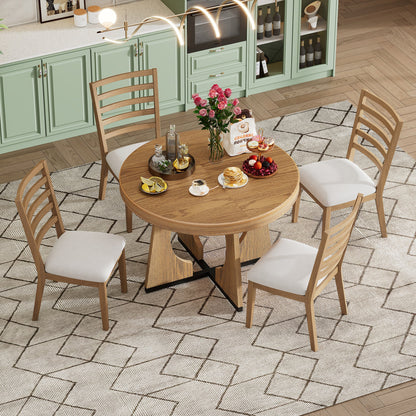 TREXM Round Dining Table for 4 with Chairs Set, Extendable Dining Table Set with 16' Removable Middle Leaf, 5 Piece Retro Dining Table Set Unique Geometric Design for Kitchen, Dining Room (Natural) - 1st Choice Furniture Direct