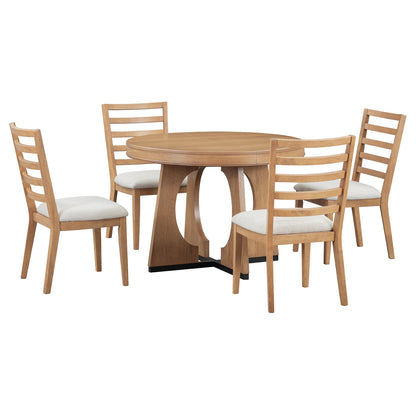 TREXM Round Dining Table for 4 with Chairs Set, Extendable Dining Table Set with 16' Removable Middle Leaf, 5 Piece Retro Dining Table Set Unique Geometric Design for Kitchen, Dining Room (Natural) - 1st Choice Furniture Direct