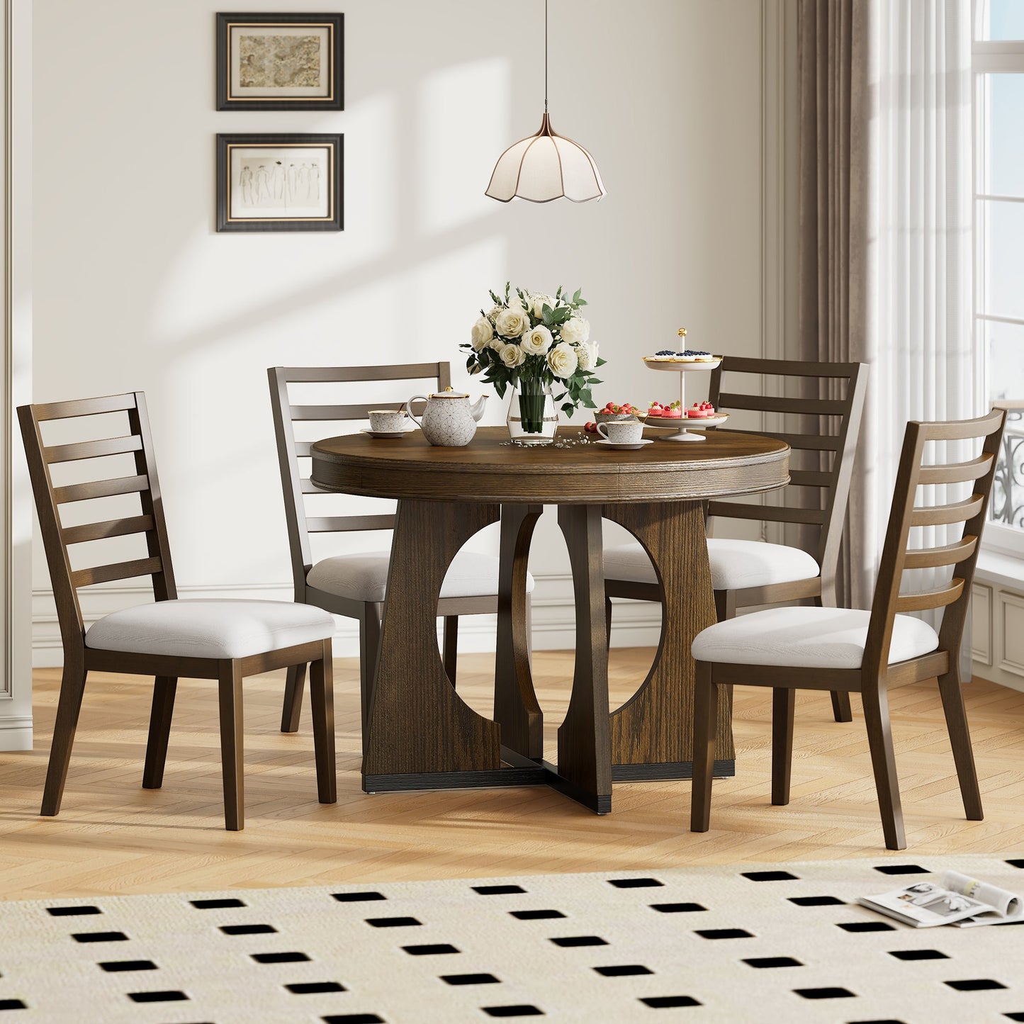 TREXM Round Dining Table for 4 with Chairs Set, Extendable Dining Table Set with 16' Removable Middle Leaf, 5 Piece Retro Dining Table Set Unique Geometric Design for Kitchen, Dining Room (Walnut) - 1st Choice Furniture Direct