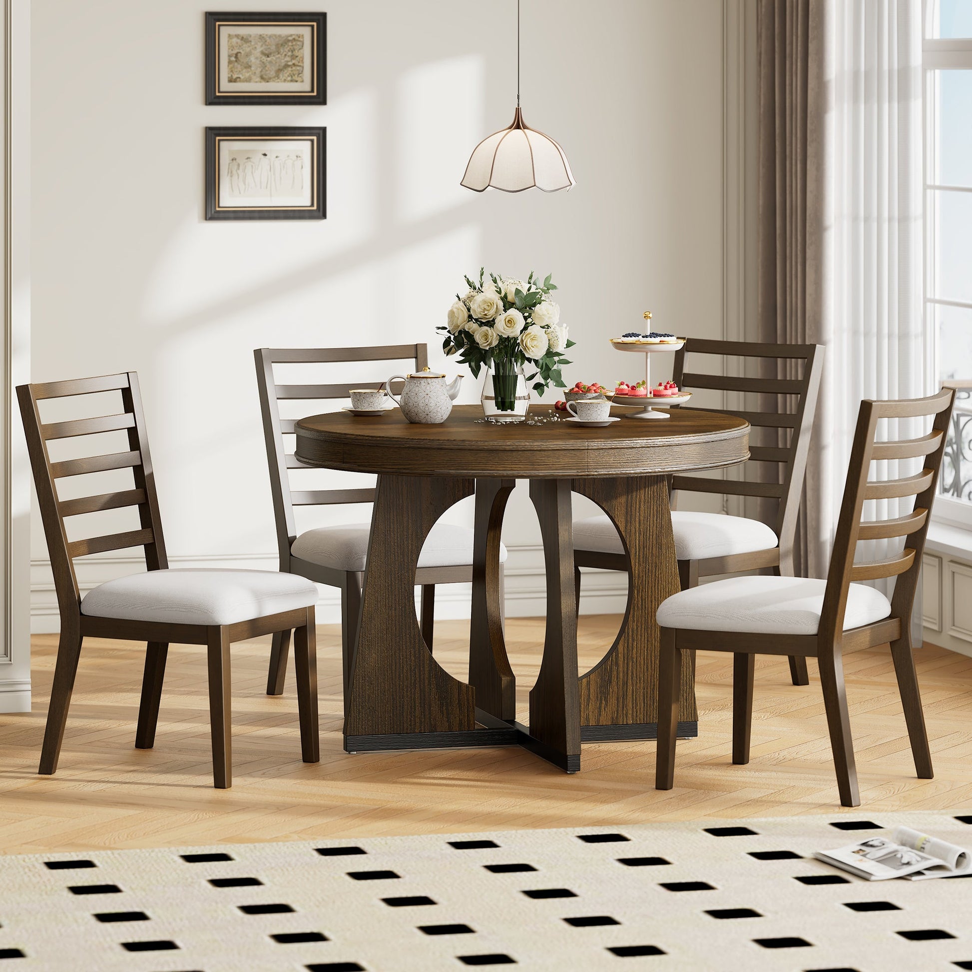 TREXM Round Dining Table for 4 with Chairs Set, Extendable Dining Table Set with 16' Removable Middle Leaf, 5 Piece Retro Dining Table Set Unique Geometric Design for Kitchen, Dining Room (Walnut) - 1st Choice Furniture Direct