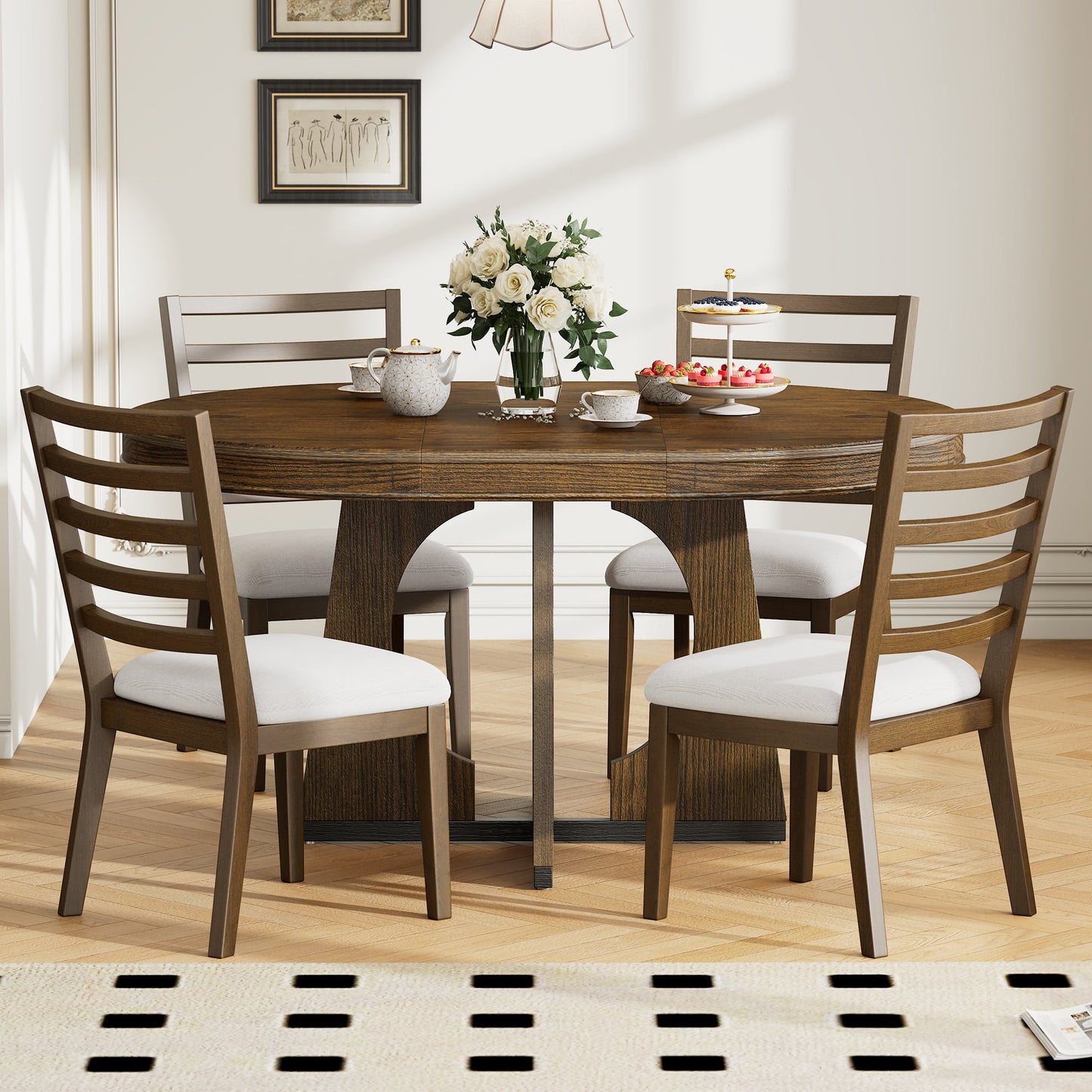 TREXM Round Dining Table for 4 with Chairs Set, Extendable Dining Table Set with 16' Removable Middle Leaf, 5 Piece Retro Dining Table Set Unique Geometric Design for Kitchen, Dining Room (Walnut) - 1st Choice Furniture Direct
