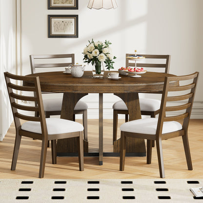 TREXM Round Dining Table for 4 with Chairs Set, Extendable Dining Table Set with 16' Removable Middle Leaf, 5 Piece Retro Dining Table Set Unique Geometric Design for Kitchen, Dining Room (Walnut) - 1st Choice Furniture Direct
