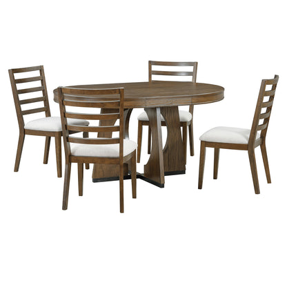 TREXM Round Dining Table for 4 with Chairs Set, Extendable Dining Table Set with 16' Removable Middle Leaf, 5 Piece Retro Dining Table Set Unique Geometric Design for Kitchen, Dining Room (Walnut) - 1st Choice Furniture Direct