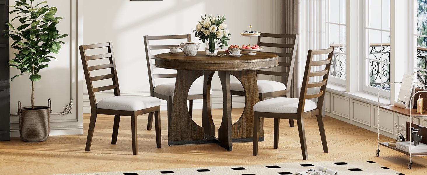 TREXM Round Dining Table for 4 with Chairs Set, Extendable Dining Table Set with 16' Removable Middle Leaf, 5 Piece Retro Dining Table Set Unique Geometric Design for Kitchen, Dining Room (Walnut) - 1st Choice Furniture Direct