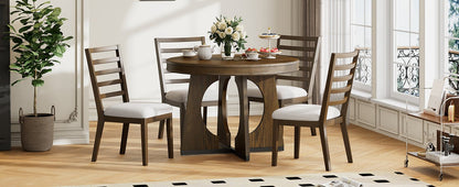 TREXM Round Dining Table for 4 with Chairs Set, Extendable Dining Table Set with 16' Removable Middle Leaf, 5 Piece Retro Dining Table Set Unique Geometric Design for Kitchen, Dining Room (Walnut) - 1st Choice Furniture Direct