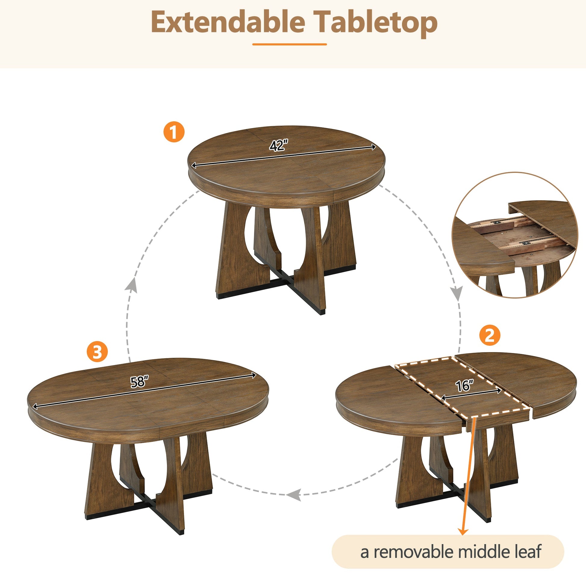 TREXM Round Dining Table for 4 with Chairs Set, Extendable Dining Table Set with 16' Removable Middle Leaf, 5 Piece Retro Dining Table Set Unique Geometric Design for Kitchen, Dining Room (Walnut) - 1st Choice Furniture Direct
